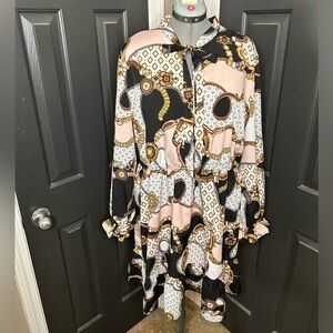 SHEIN Chain & Geo Print Flounce Sleeve Tie Neck Ruffle Hem Dress